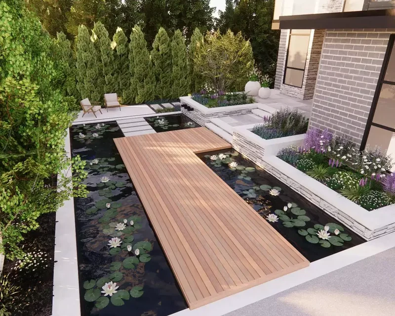 45 Beautiful Backyard Walkway Ideas to Transform Your Yard 32 A Combo of Wood and Water