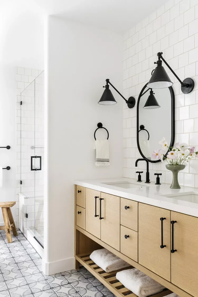 32 Modern Farmhouse Bathroom Designs That Never Go Out of Style 9 Add Black Accents