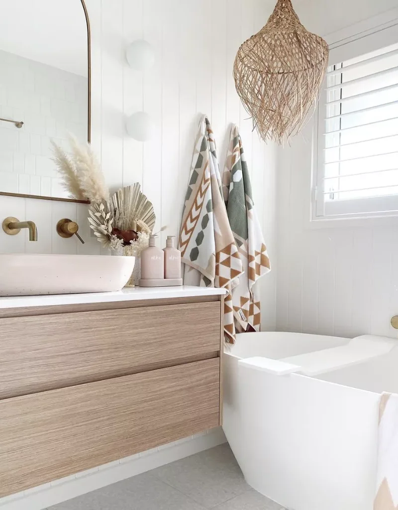 30 Beach-Inspired Bathroom Designs to Bring Coastal Vibes Home 14 Add Boho Flair