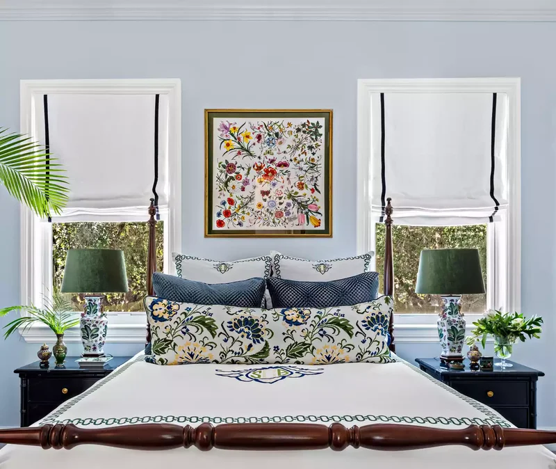 25 Navy Blue Bedroom Designs That Transcend Nautical Style 14 Add Navy Floral Accents