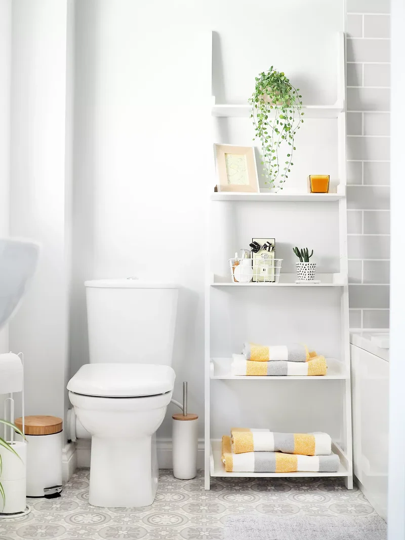 43 Bathroom Storage Solutions for More Space and Style 5 Add a Leaning Bookshelf