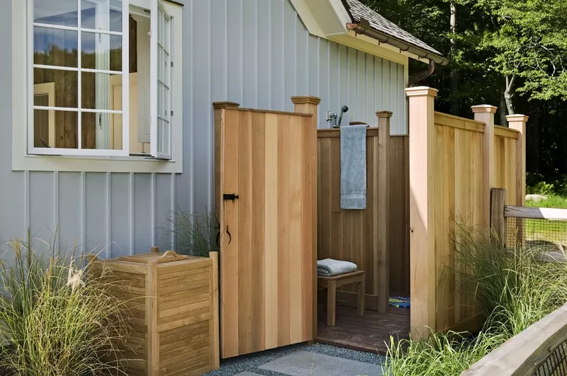 34 Beautiful Outdoor Shower Ideas for Backyards & Beach 14 Backyard Shower With Door