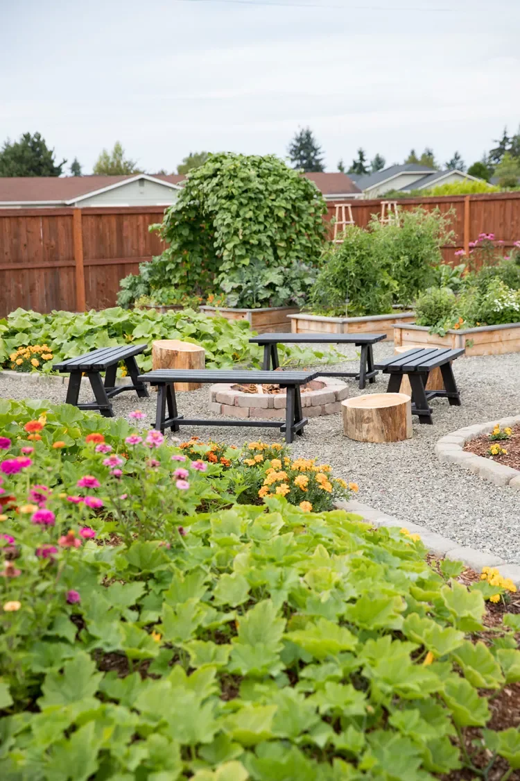 Benches and Firepit Corner Garden