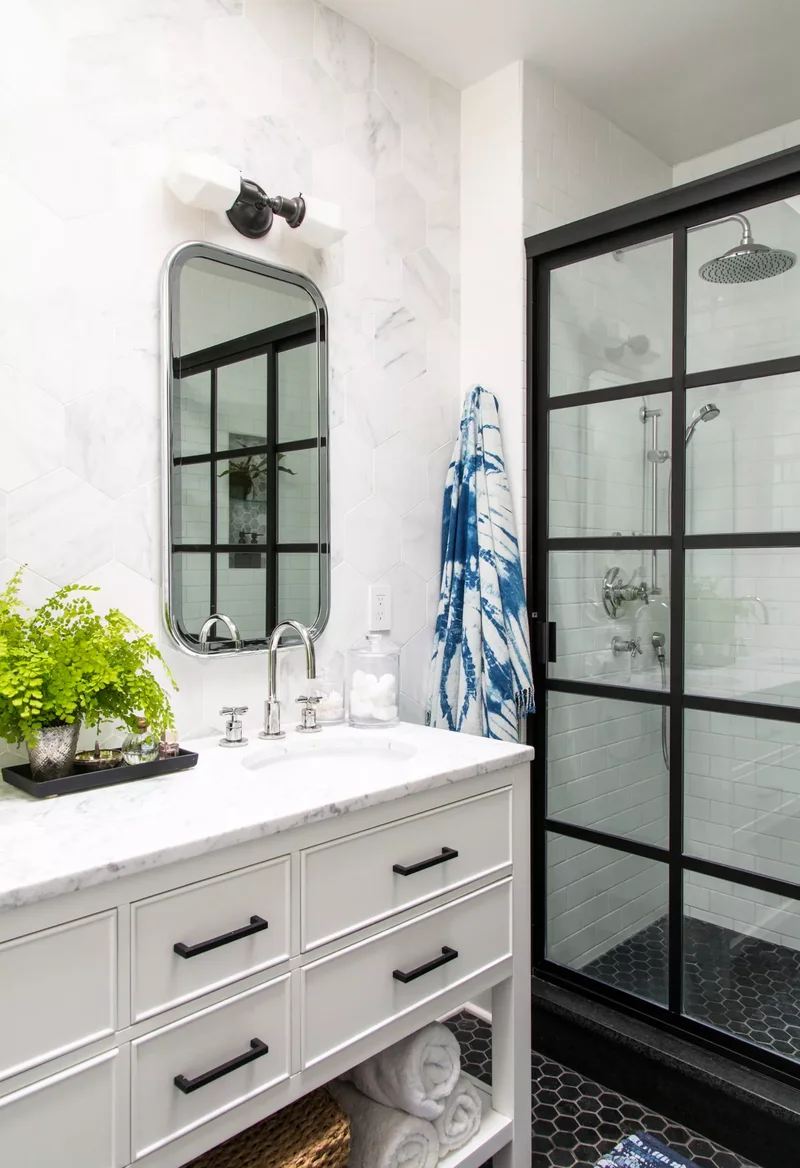 31 Stunning Black and White Bathroom Design Ideas 2 Black Paneled Shower Door