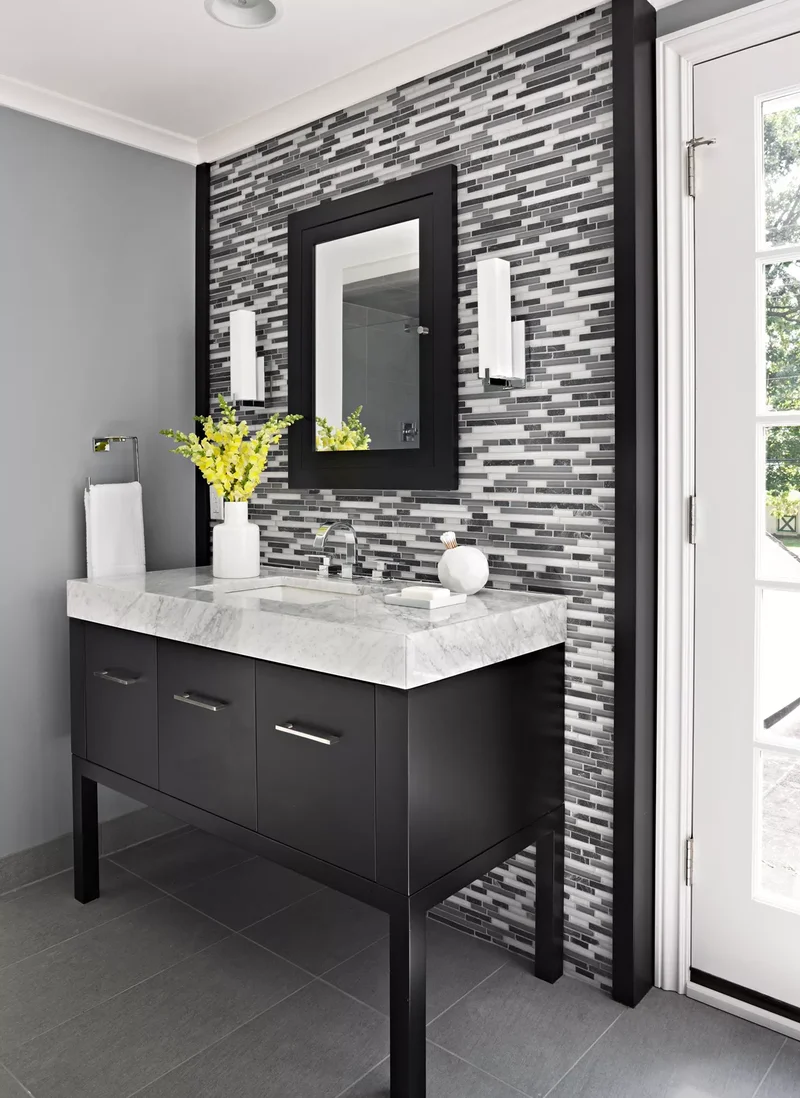 21 Beautiful Bathroom Backsplash Designs for Any Decor 15 Black-and-White Bathroom Backsplash