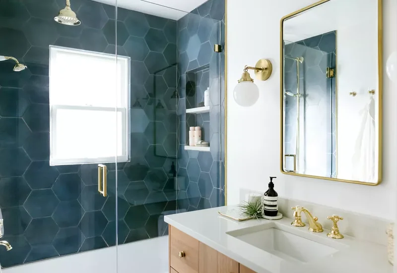 34 Beautiful Blue Bathroom Ideas for Any Style to Refresh 1 Blue Hex Tile Shower