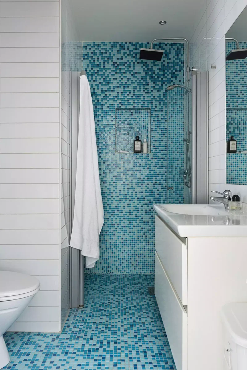 34 Beautiful Blue Bathroom Ideas for Any Style to Refresh 12 Blue Mosaic Tile Shower