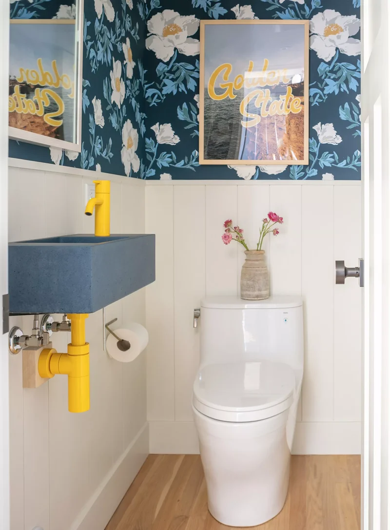 51 Stunning and Inspired Bathroom Wall Decoration Ideas 17 Blue, White, and Yellow Bathroom Decor