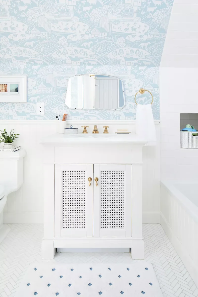 34 Beautiful Blue Bathroom Ideas for Any Style to Refresh 33 Blue-and-White Wallpaper