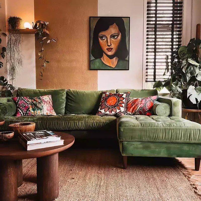 25 Green Couch Living Room Ideas That Show This Trend Lasts 17 Bohemian-Style Green Couch