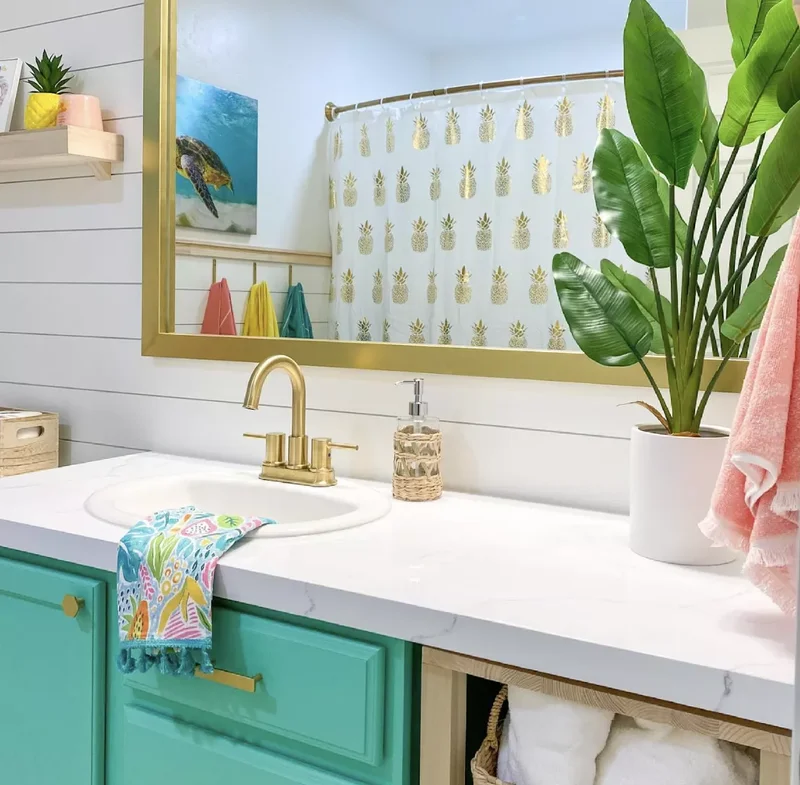30 Beach-Inspired Bathroom Designs to Bring Coastal Vibes Home 4 Bring In a Beachy Shower Curtain