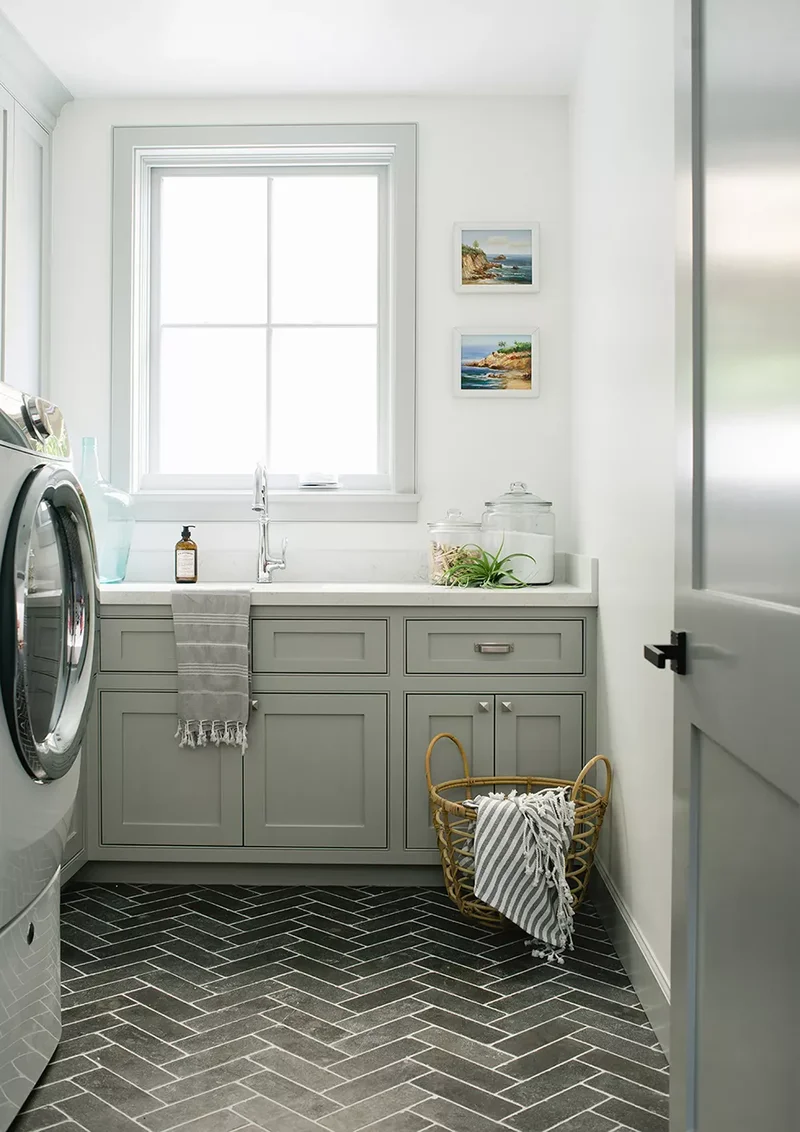 53 Stylish Small Laundry Room Ideas That Work Beautifully 53 Choose Herringbone Floor Tiles