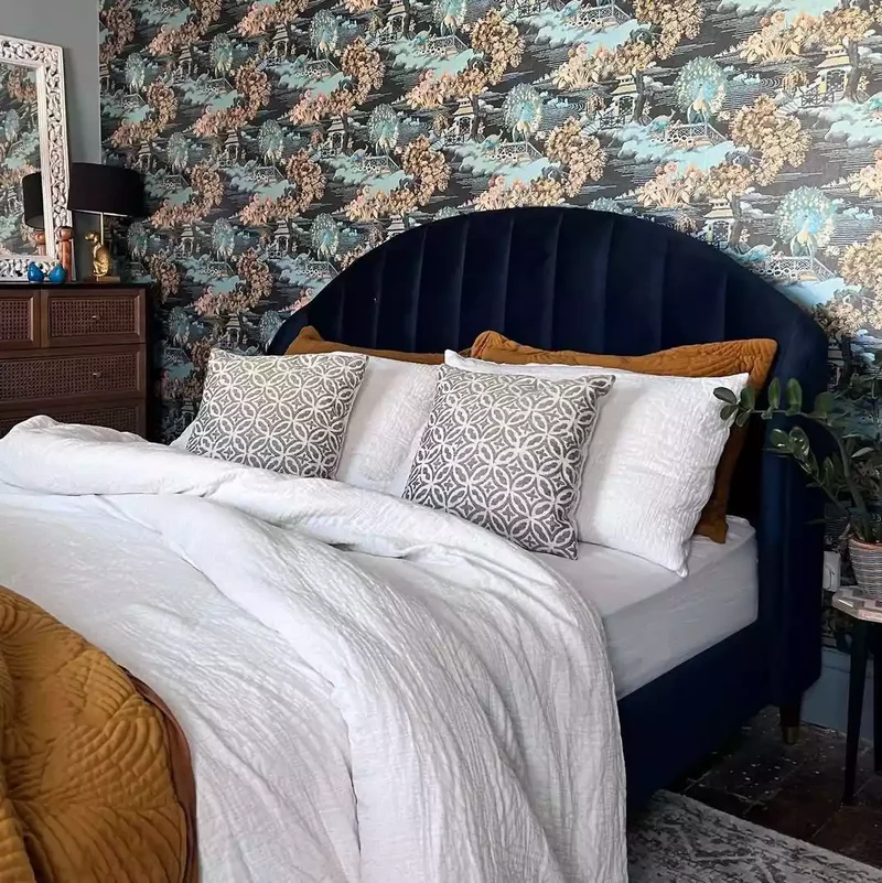 25 Navy Blue Bedroom Designs That Transcend Nautical Style 3 Choose a High Pattern Wallpaper
