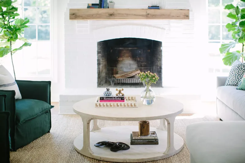 42 White Brick Fireplace Ideas to Modernize Your Living Space 41 Chunky Wood Mantel