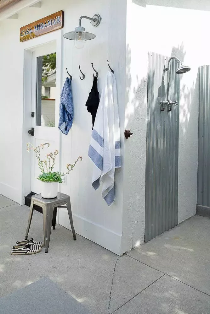 34 Beautiful Outdoor Shower Ideas for Backyards & Beach 9 Coastal Outdoor Shower