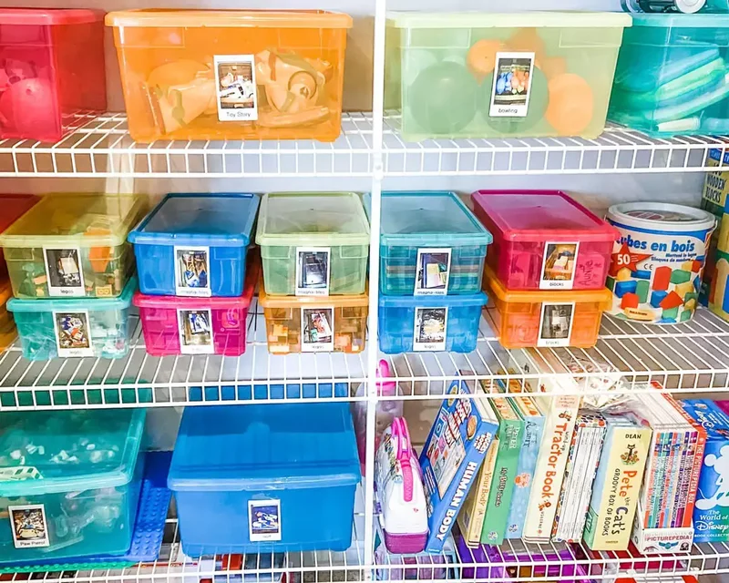 Colorful Plastic Bins With Photo Labels