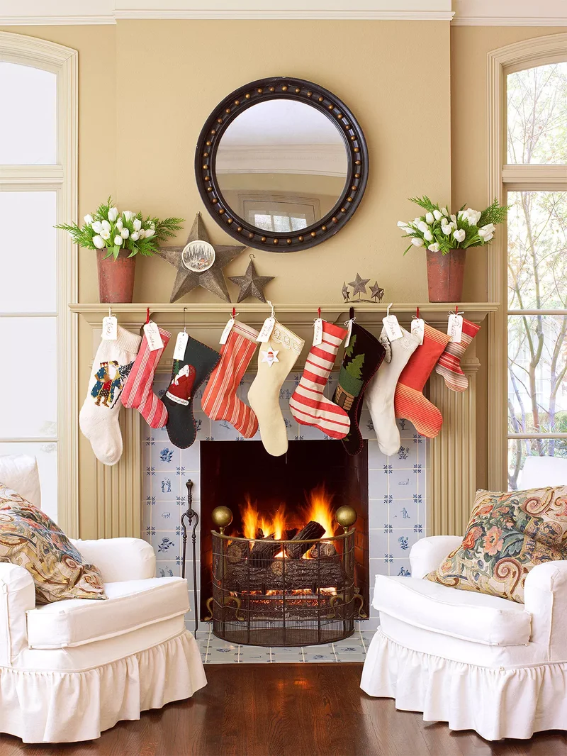 53 Stunning Christmas Mantel Decor Ideas for Your Home 13 Colorful Stockings