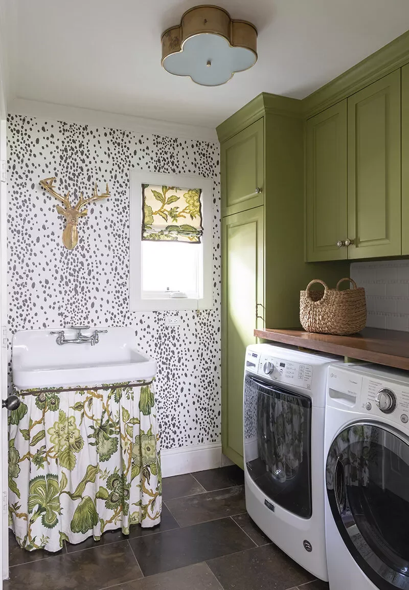 53 Stylish Small Laundry Room Ideas That Work Beautifully 43 Combine Paint and Wallpaper