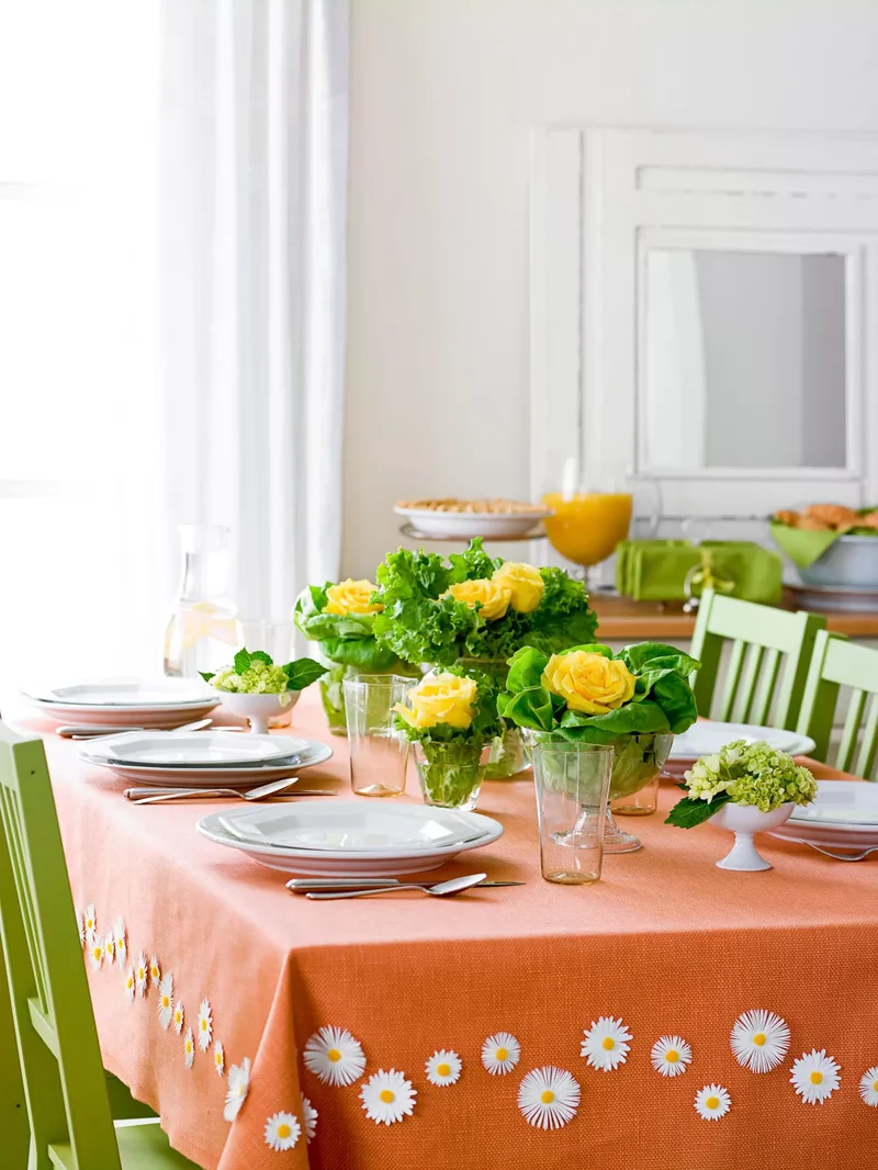 42 Easter Centerpiece Ideas and Table Decor for Spring 37 Daisy Tablecloth and Table Setting