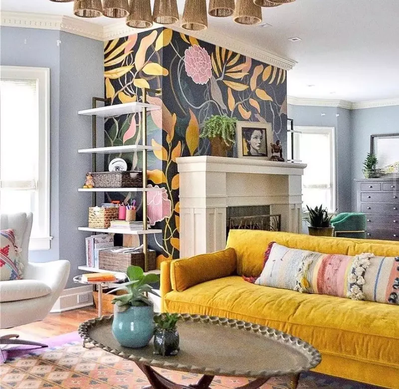 20 Yellow Living Room Ideas That Brighten Any Home 3 Feature High-Contrast Wallpaper
