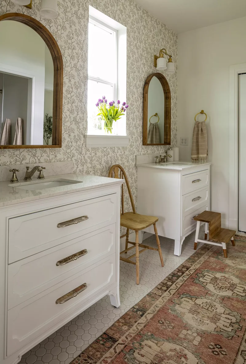 Floral Wallpaper in Rustic Bathroom