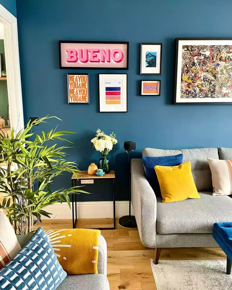 23 Beautiful Blue and Gray Living Room Design Ideas 12 Go Big With a Gallery Wall