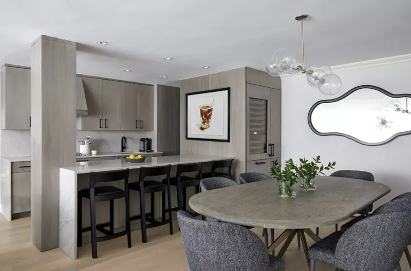 34 White & Wood Kitchen Designs That Feel Fresh and Timeless 5 Gray-Toned Wood Kitchen With White Backsplash