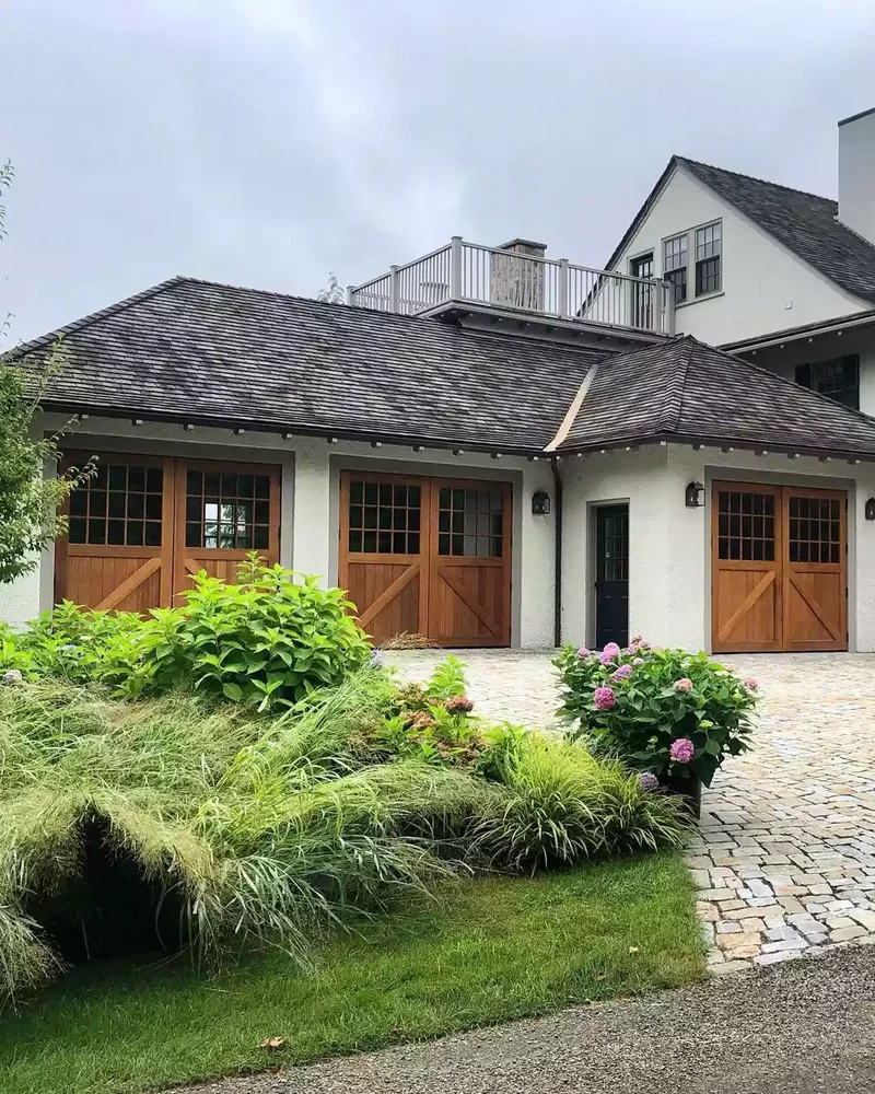 52 Stunning Garage Door Ideas to Boost Your Curb Appeal 22 Half Glass Mahogany Swing-Outs