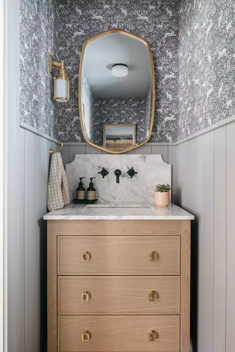 32 Modern Farmhouse Bathroom Designs That Never Go Out of Style 7 Hang Some Wallpaper