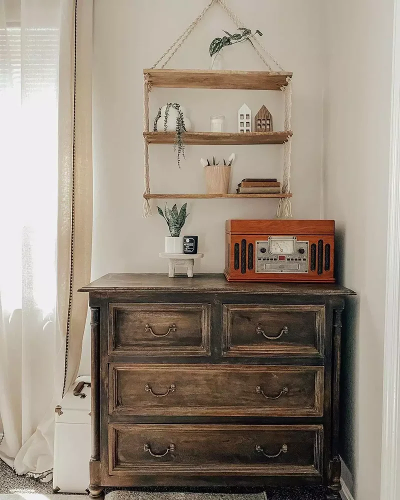 36 Beautiful Dresser Styling Ideas You Need to See Today 17 Hang a Shelf Above the Dresser for Extra Display Space