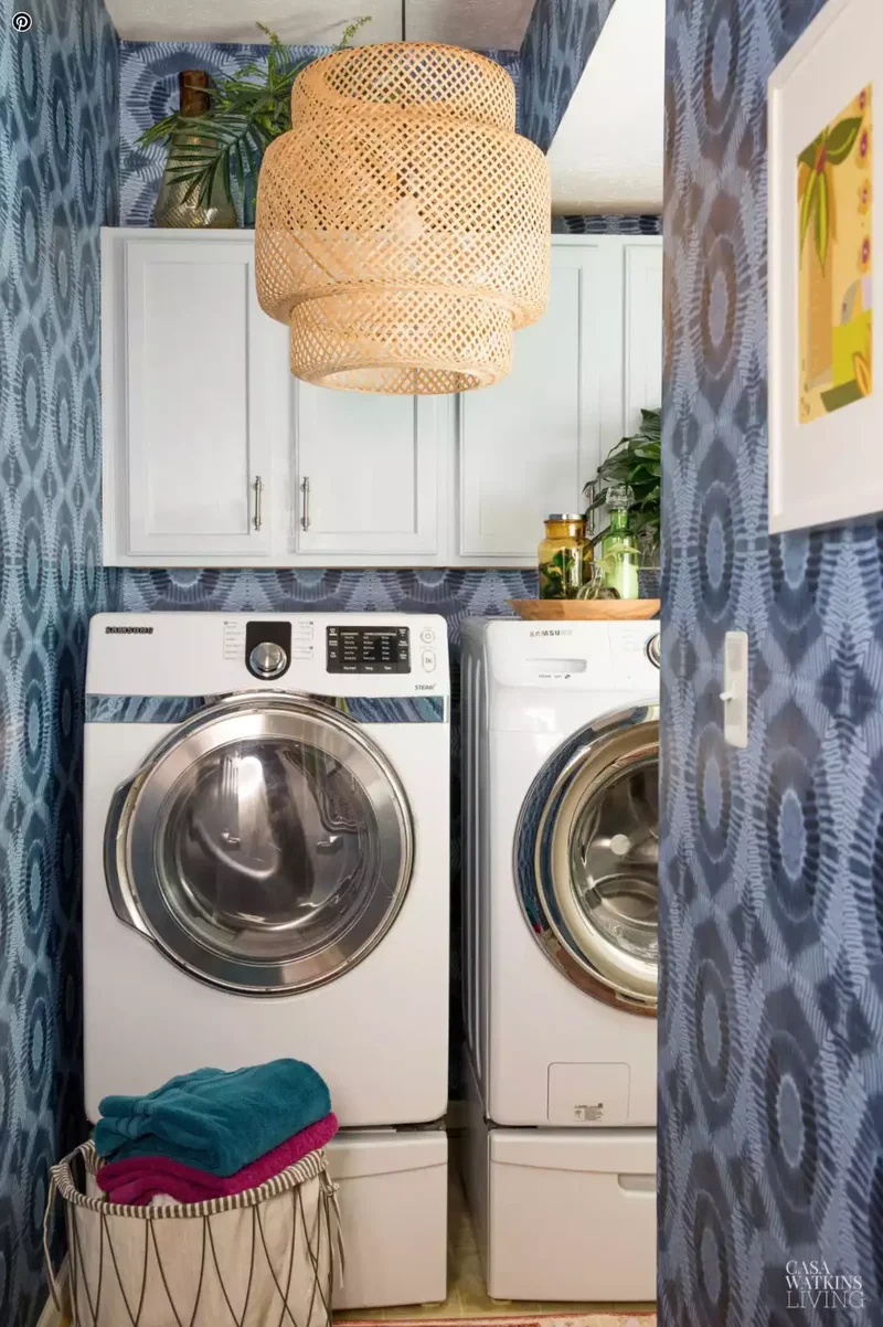 57 Laundry Room Ideas That Make Chores More Enjoyable 45 Hang a Woven Pendant Light