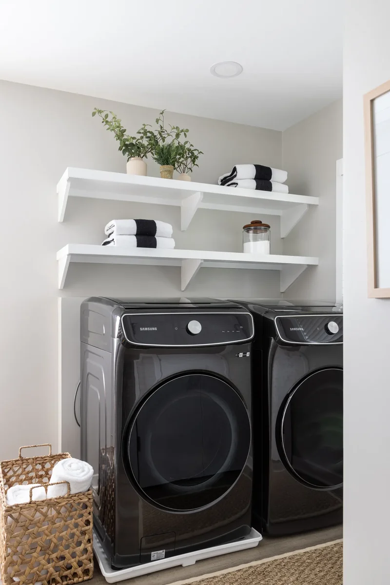 18 Smart Laundry Shelving Ideas to Maximize Small Spaces 7 Install Shelving Above Your Appliances