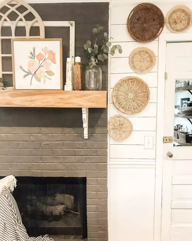 34 Cozy Farmhouse Fireplace Designs to Transform Your Room 11 Jazz up a Wall With Woven Baskets