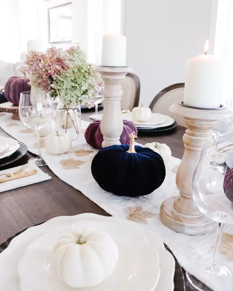 62 Stunning Thanksgiving Table Settings That Will Wow Guests 17 Jewel-Tone Velvet Pumpkins
