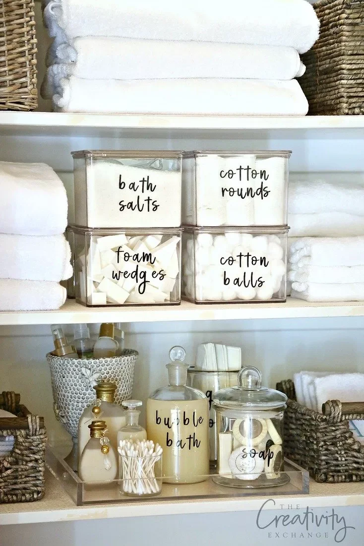 43 Bathroom Storage Solutions for More Space and Style 24 Label Bins for Small Essentials