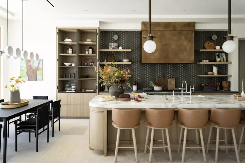 34 White & Wood Kitchen Designs That Feel Fresh and Timeless 2 Marble and Wood Island With Wood Shelving