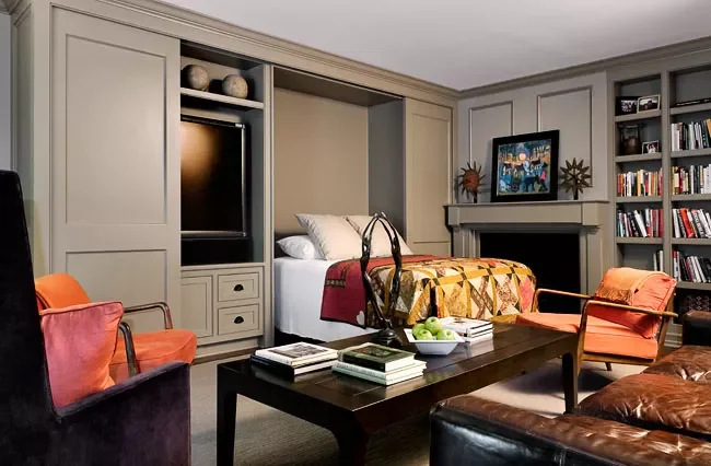 33 Space-Saving Murphy Bed Ideas We Love for Your Home 19 Media Room Murphy Bed (Open)