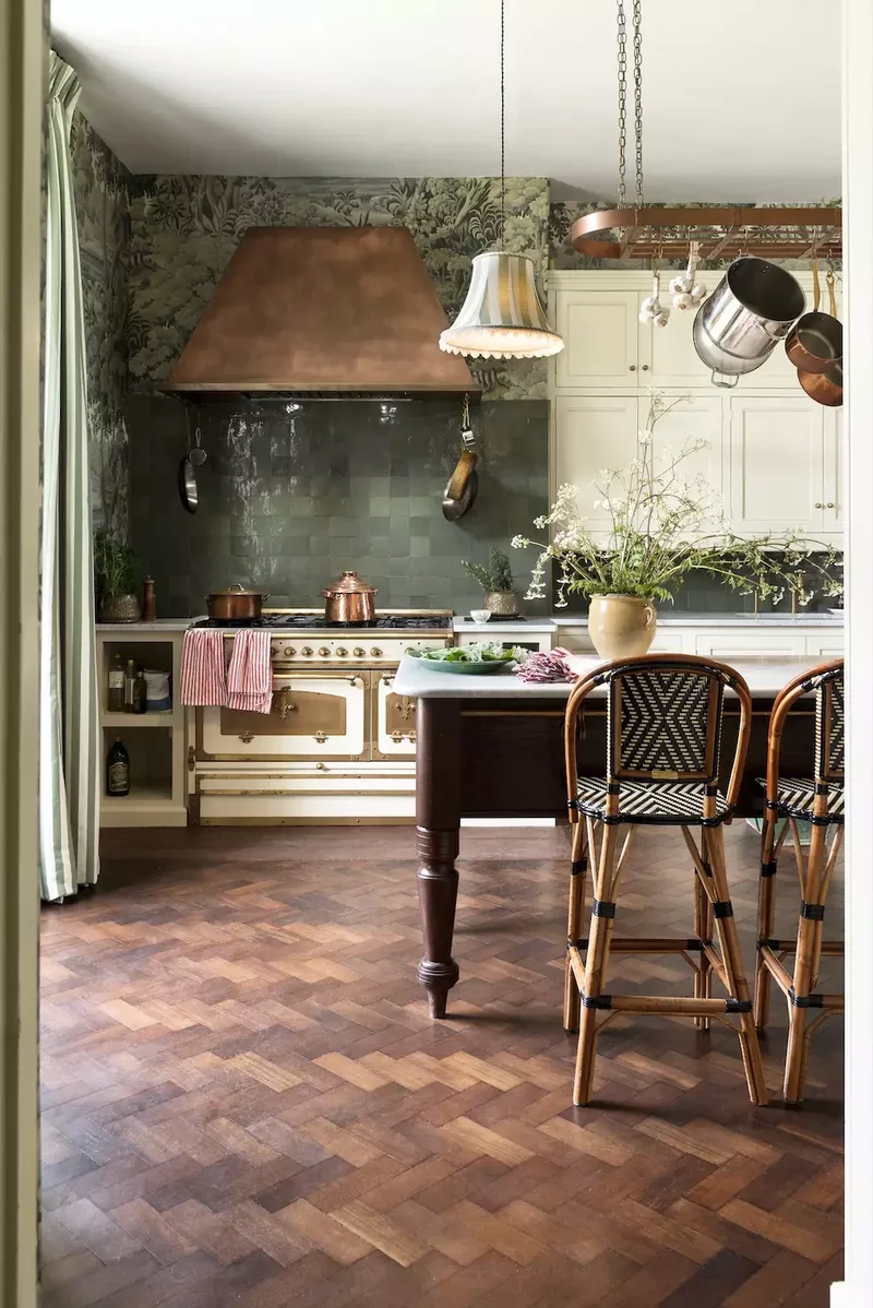 39 Green Kitchen Design Ideas That Never Go Out of Style 21 Mix Green Tile and Wallpaper