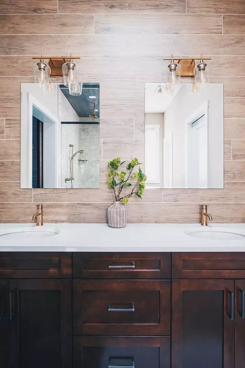 25 Stunning Double Vanity Bathroom Ideas You'll Adore 16 Mix and Match Wood Tones