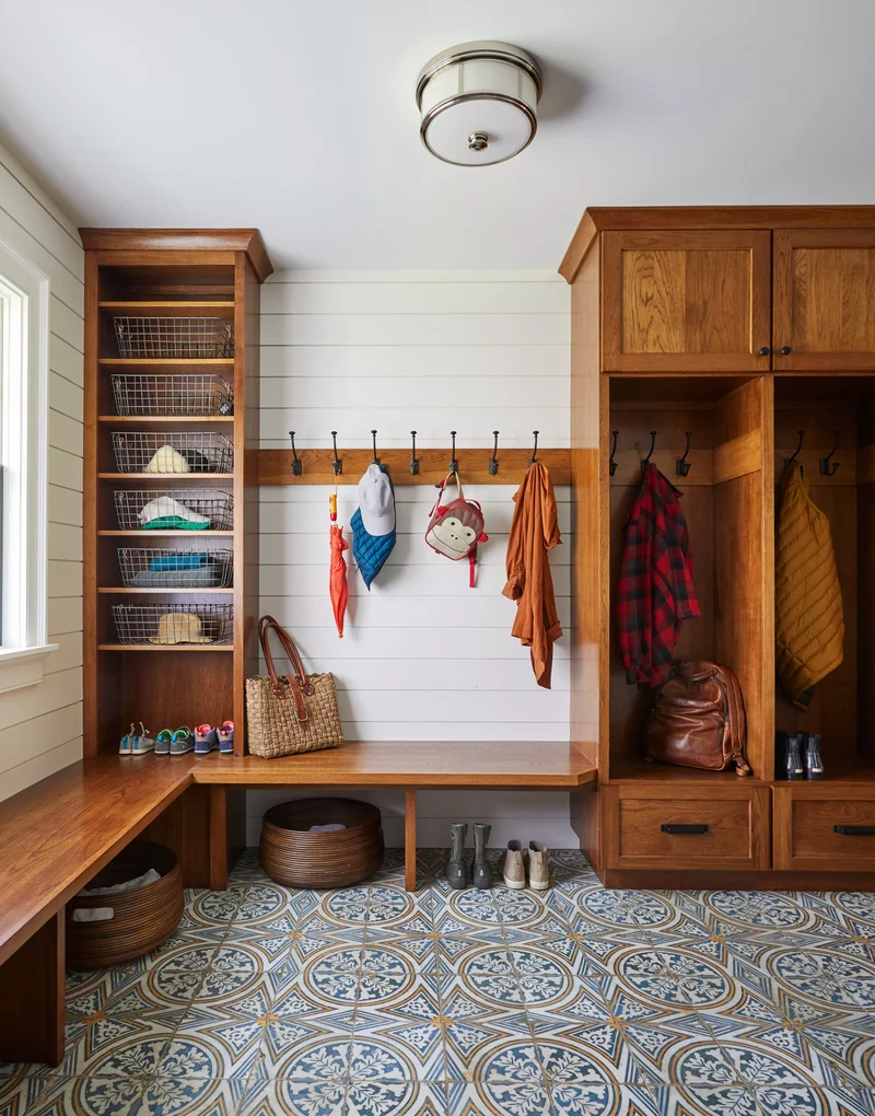 Mudroom with Wood Cabinets