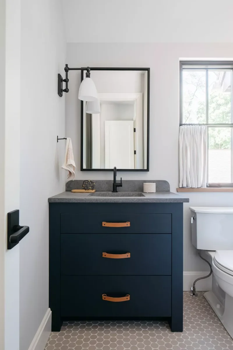 Navy Blue Vanity With Leather Pulls