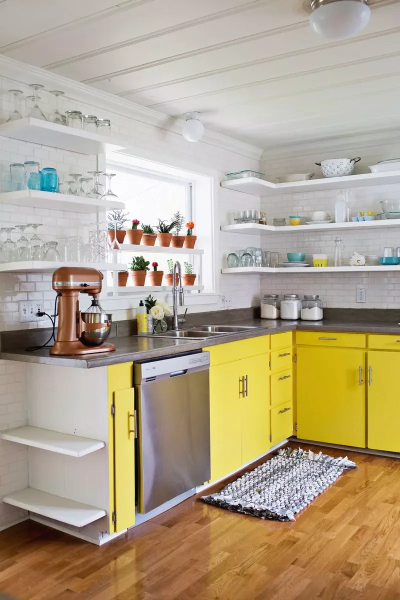 25 Beautiful Painted Kitchen Cabinet Ideas for Your Home 19 Neon Yellow Base Cabinets