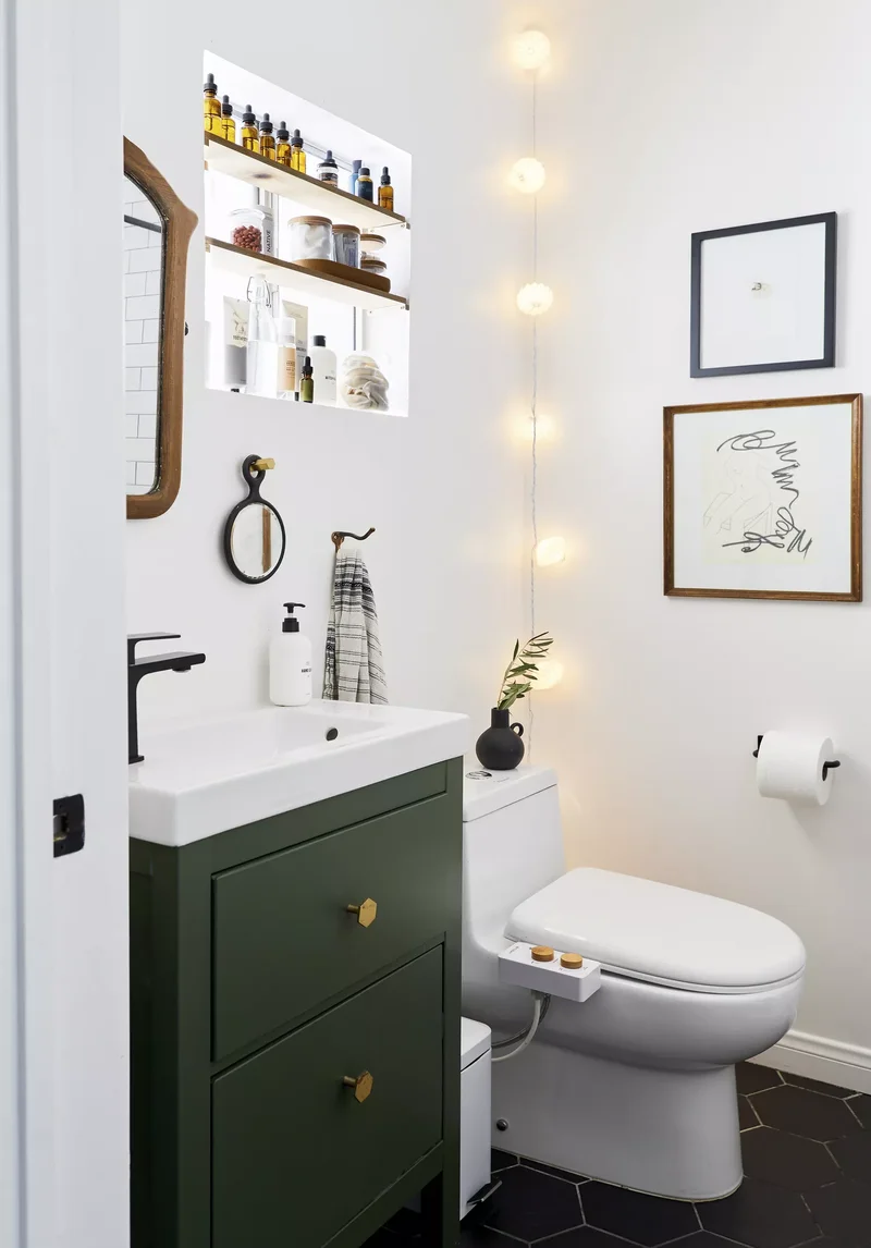 30 Neutral Bathroom Designs That Feel Timeless & Serene 6 Neutral Bathroom With String Lights