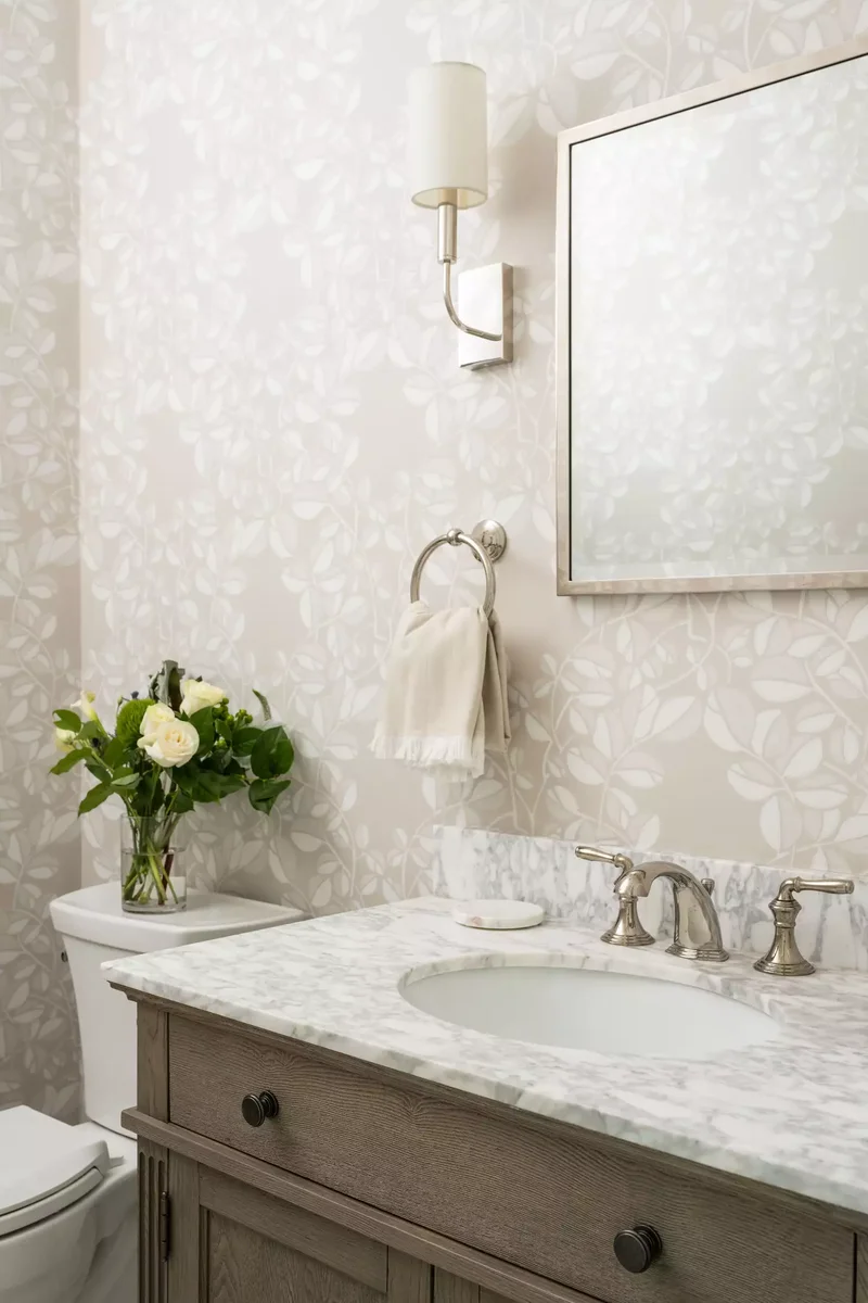 30 Neutral Bathroom Designs That Feel Timeless & Serene 20 Neutral Bathroom With Subtle Wallpaper
