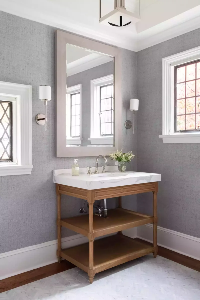 30 Neutral Bathroom Designs That Feel Timeless & Serene 22 Neutral Bathroom With Woven Wallpaper