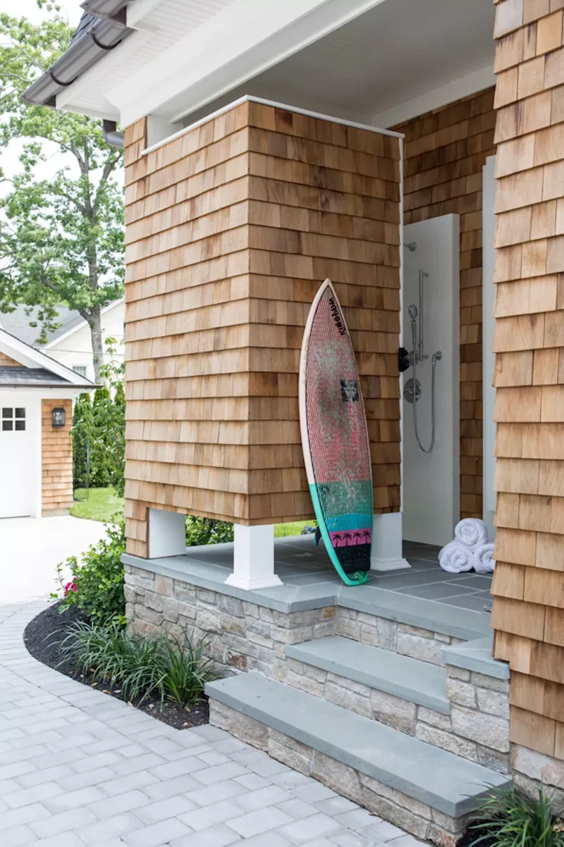 34 Beautiful Outdoor Shower Ideas for Backyards & Beach 23 Neutral Outdoor Shower