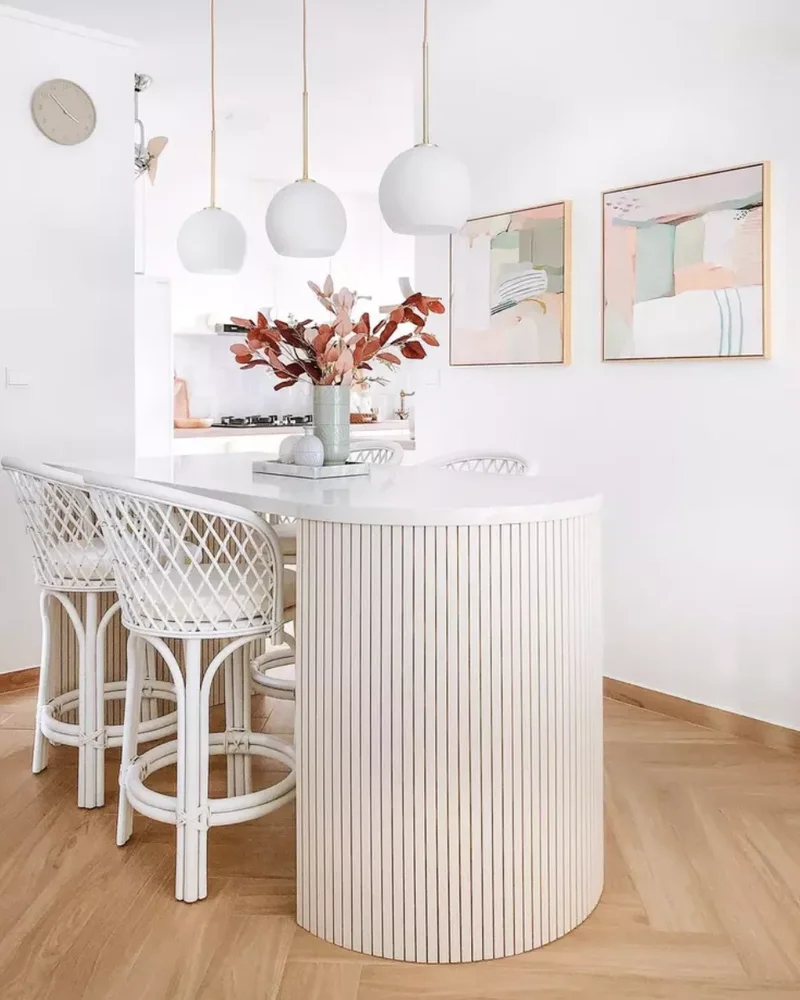 34 White & Wood Kitchen Designs That Feel Fresh and Timeless 19 Oblong White Island With Wood Cladding