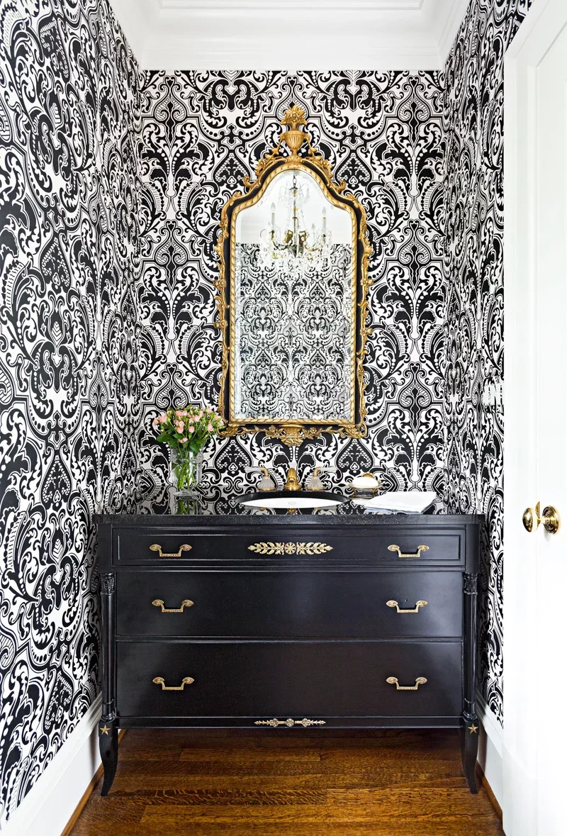 31 Stunning Black and White Bathroom Design Ideas 17 Patterned Wallpaper