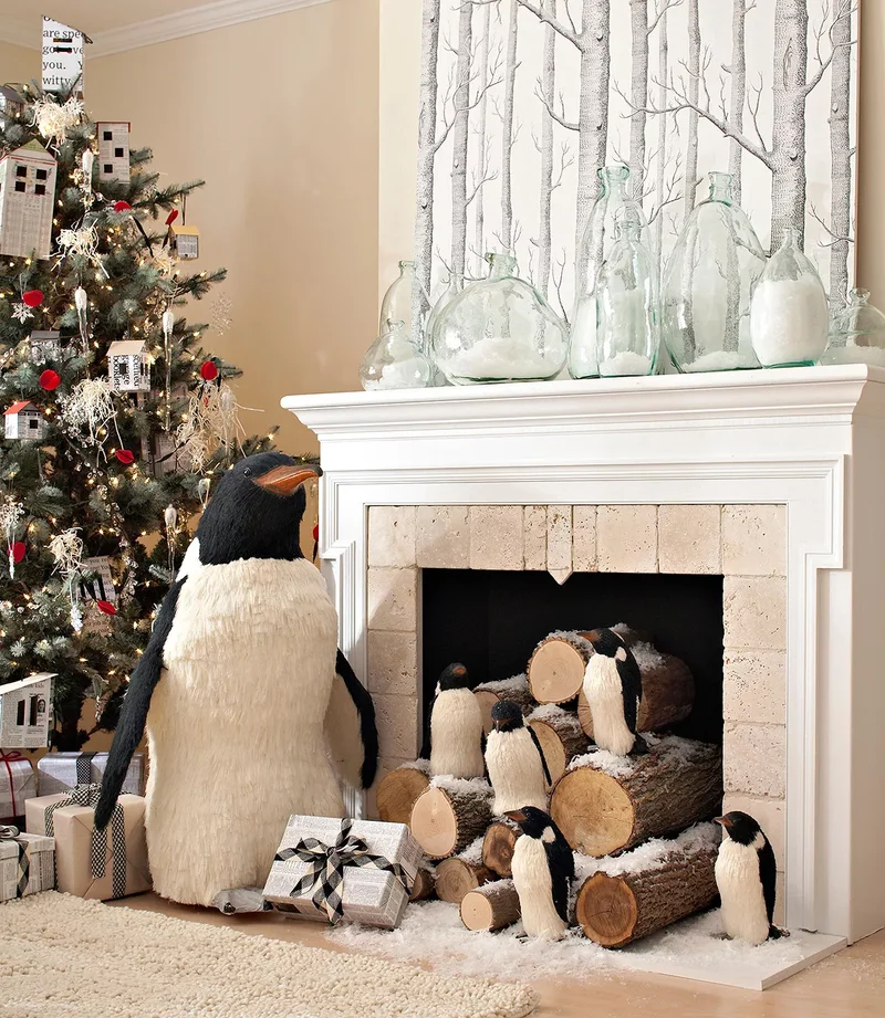 53 Stunning Christmas Mantel Decor Ideas for Your Home 49 Penguin Parade Mantel