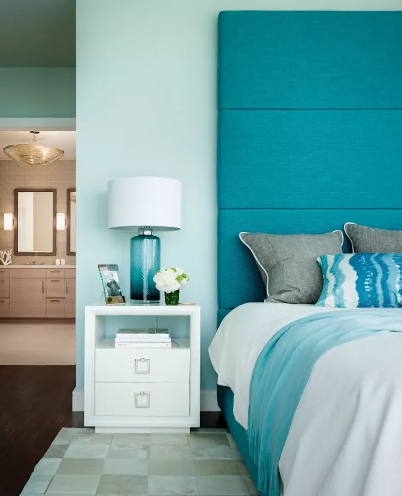 32 Stunning and Striking Teal Bedroom Design Inspirations 26 Pick a Tall Teal Headboard